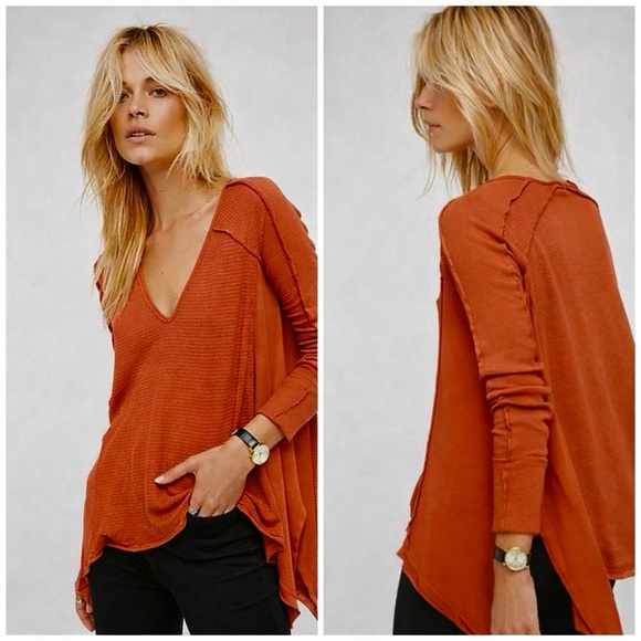 Free People Tops - We the Free Pacific Thermal Terracotta Long Sleeve Raw Hem Boho Top Size Small
